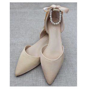 Champagne Satin Pointy Toe Flats with All Pearl Ankle Tie